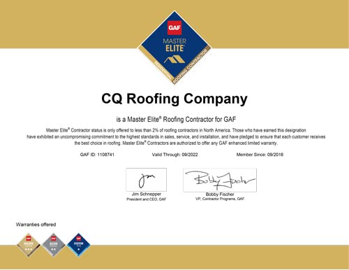 Auburn Roofing Contractor | CQ Roofing 1 MASTER ELITE CERTIFICATE