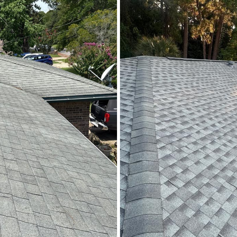Before and after comparison of a complete Niceville roof replacement with new architectural shingles.