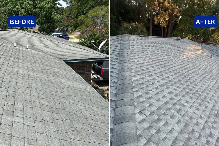Before and after comparison of a complete Niceville roof replacement with new architectural shingles.